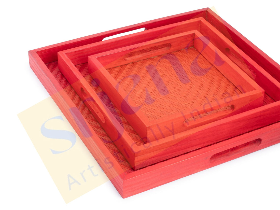 Handwoven Bamboo Red Tray Set
