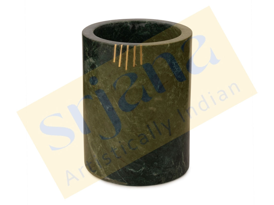 Green Marble With Brass Inlay Work Cutlery Holder