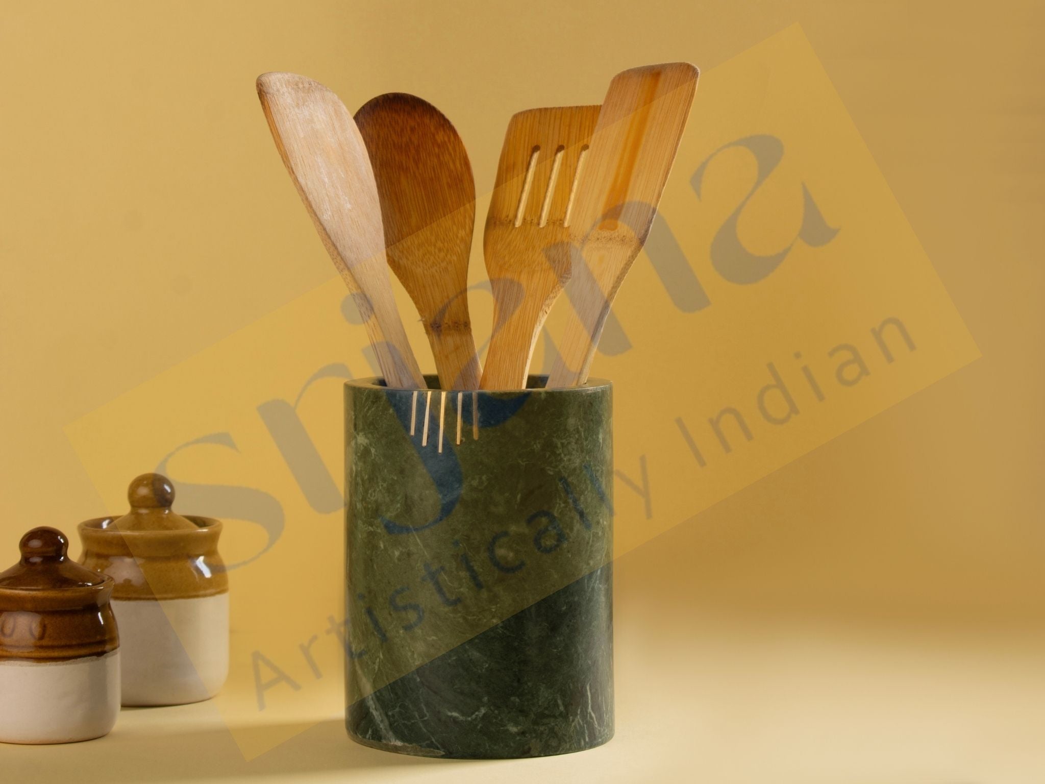Green Marble With Brass Inlay Work Cutlery Holder