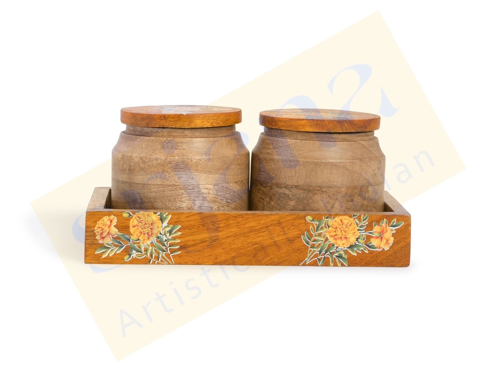 Handcrafted Wooden Jar Pair with Tray