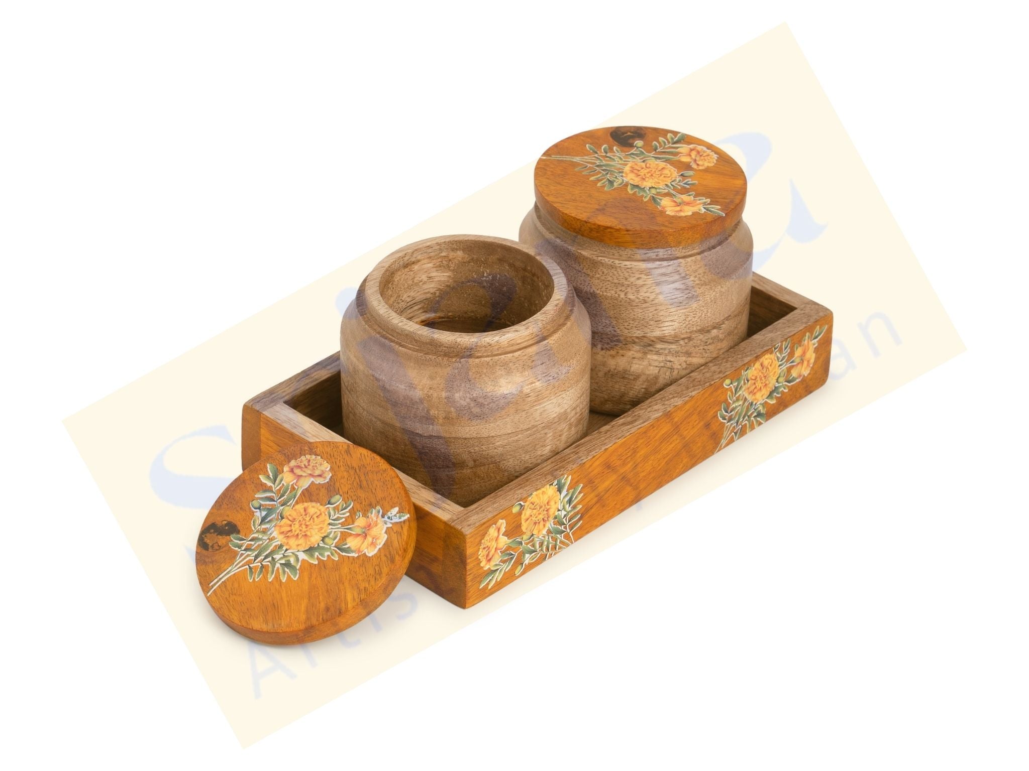 Handcrafted Wooden Jar Pair with Tray