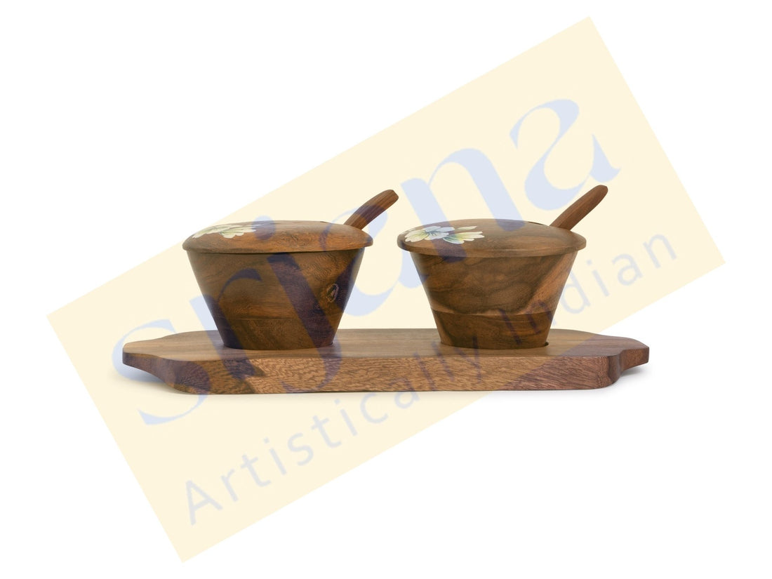 Hand-Painted Flower Motif Mango Wood Multipurpose Jar Set with Tray & Spoons