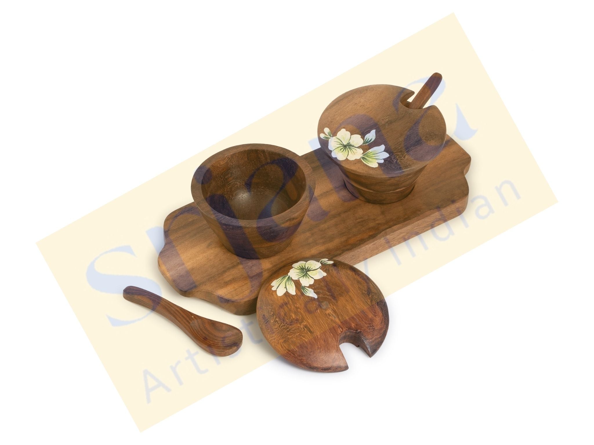 Hand-Painted Flower Motif Mango Wood Multipurpose Jar Set with Tray & Spoons