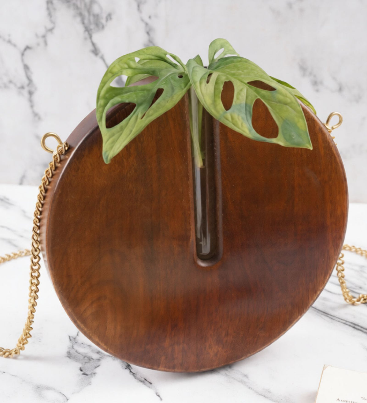 Elegant Wooden Round Hanging Planter with Glass Tube & Sling Chain