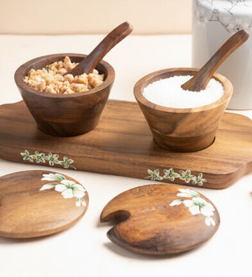 Hand-Painted Flower Motif Mango Wood Multipurpose Jar Set with Tray & Spoons