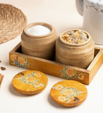 Handcrafted Wooden Jar Pair with Tray