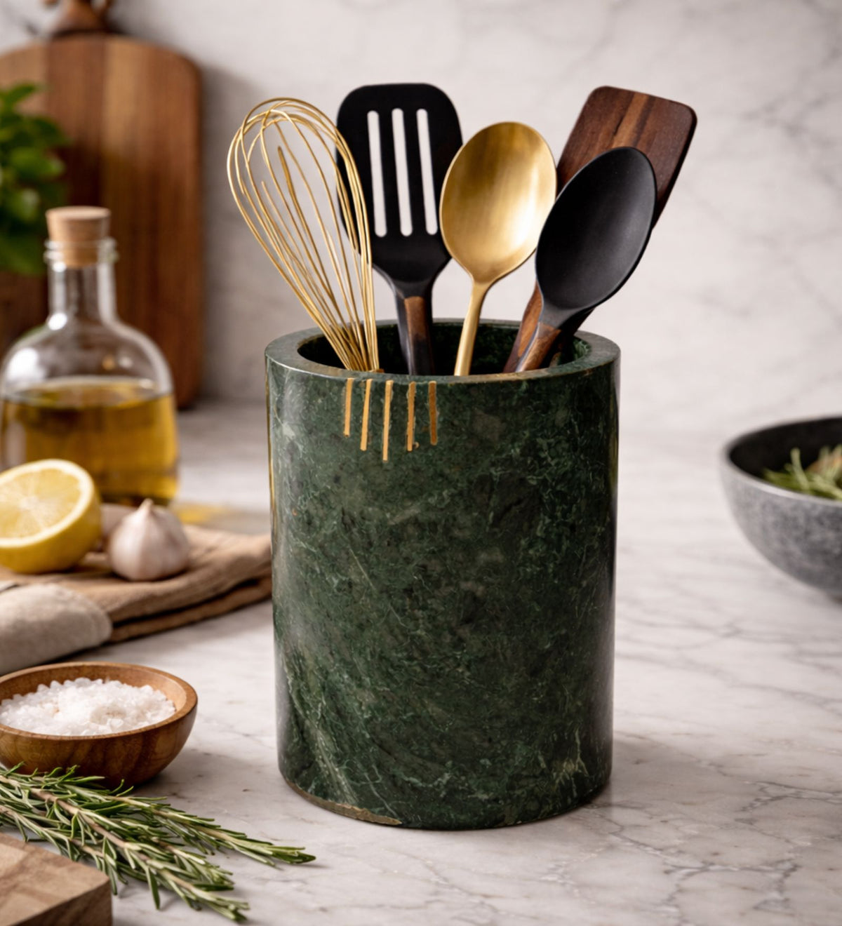 Green Marble With Brass Inlay Work Cutlery Holder