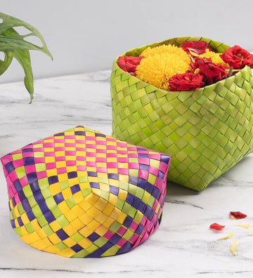 Colorful Square Palm Leaf Basket with Lid