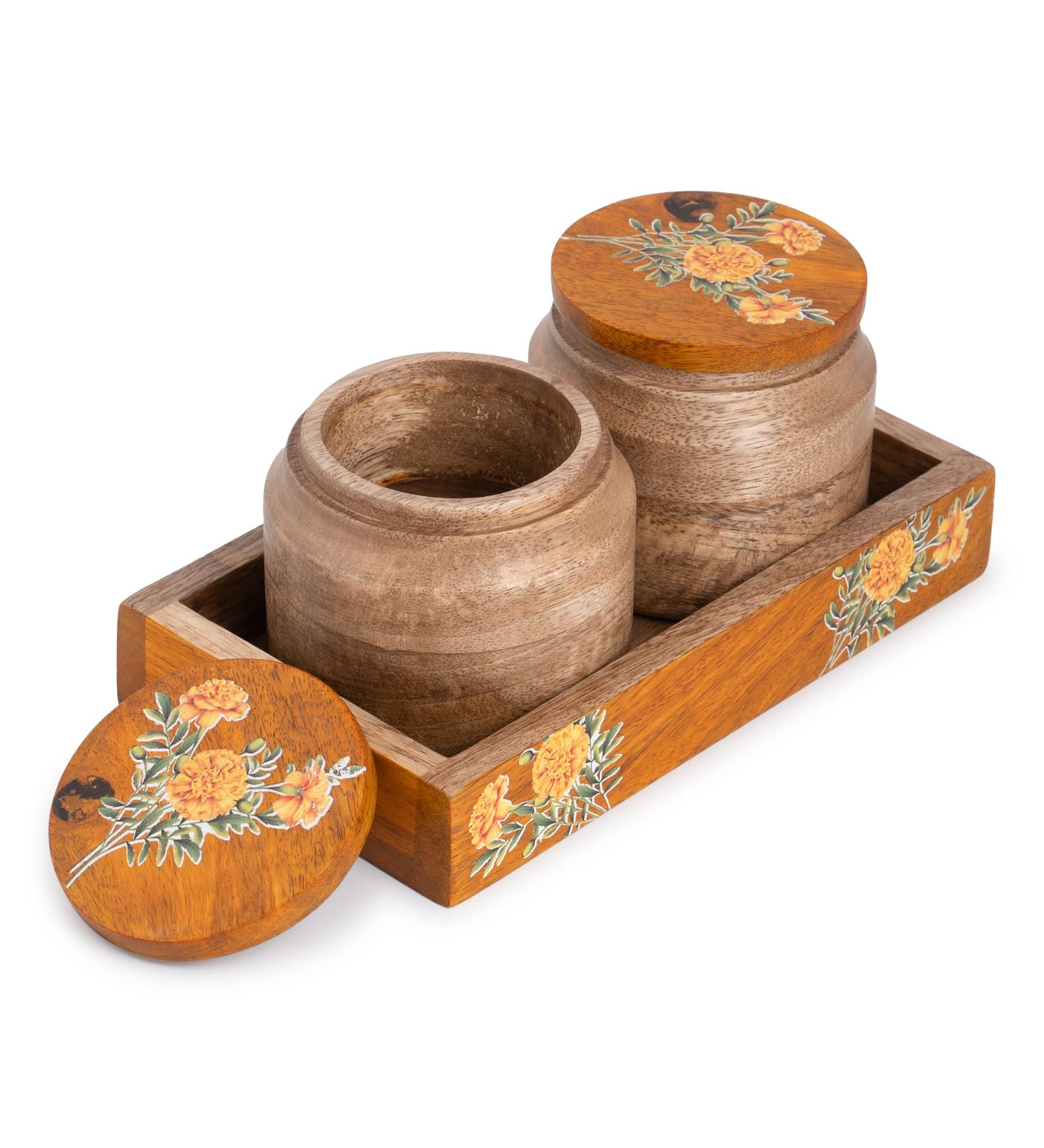 Handcrafted Wooden Jar Pair with Tray