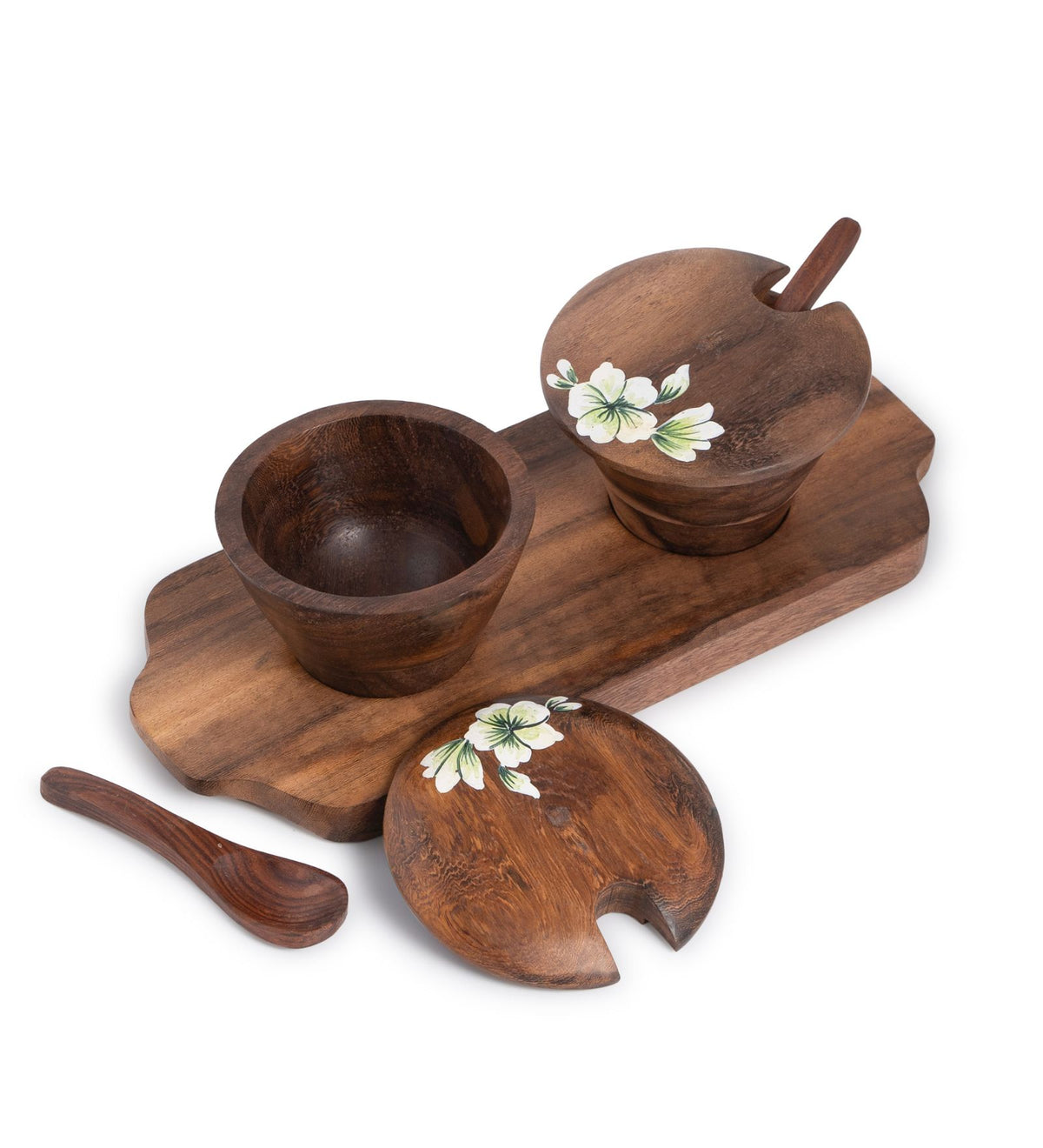 Hand-Painted Flower Motif Mango Wood Multipurpose Jar Set with Tray & Spoons