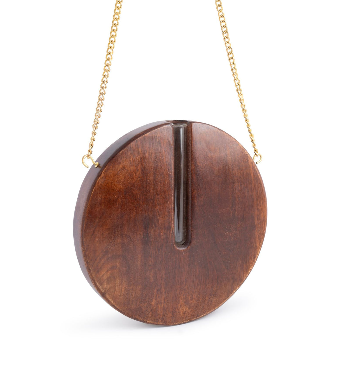 Elegant Wooden Round Hanging Planter with Glass Tube & Sling Chain