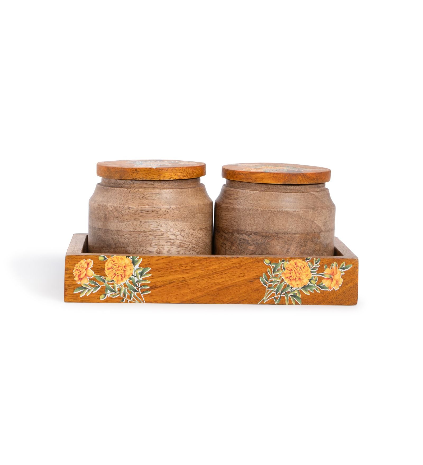 Handcrafted Wooden Jar Pair with Tray