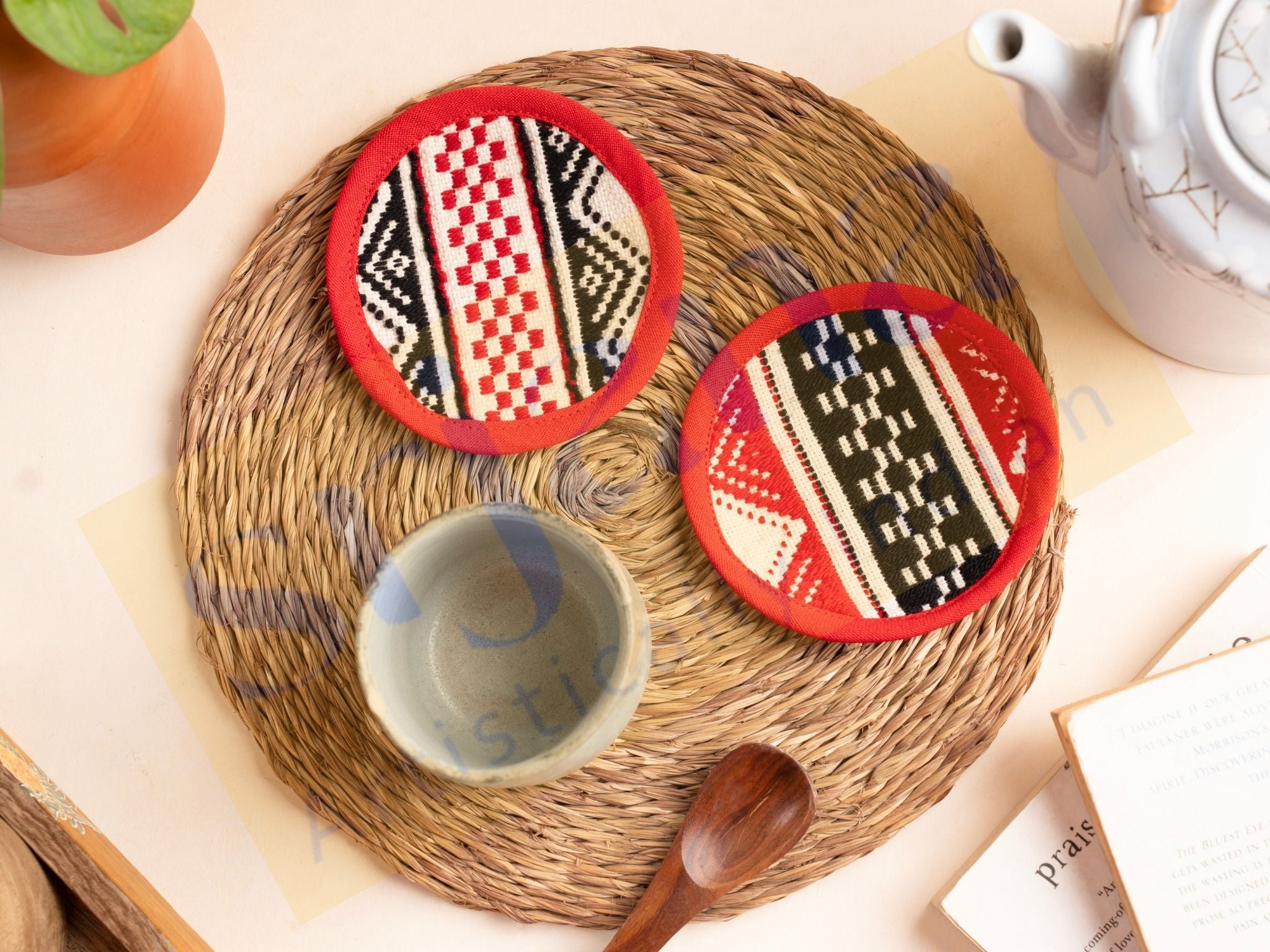 Toda Hand-Embroidered Round Coasters