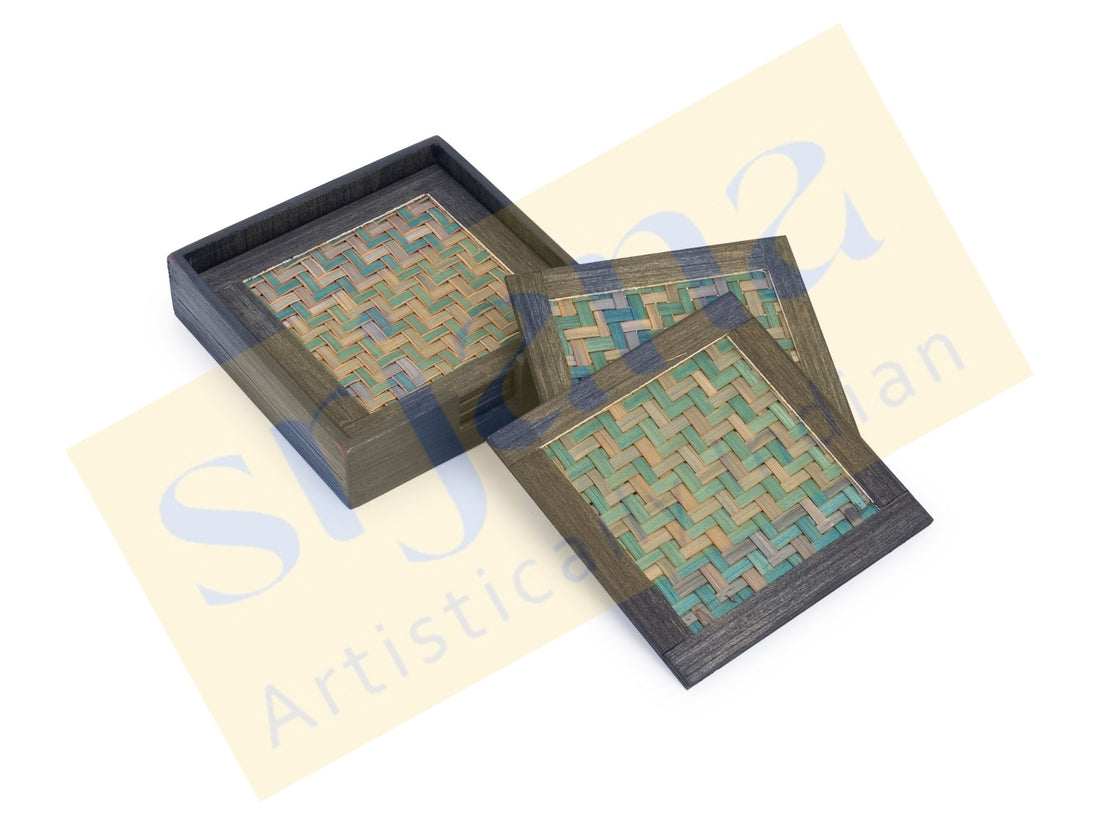 Handwoven Bamboo Coaster Set with Wooden Case