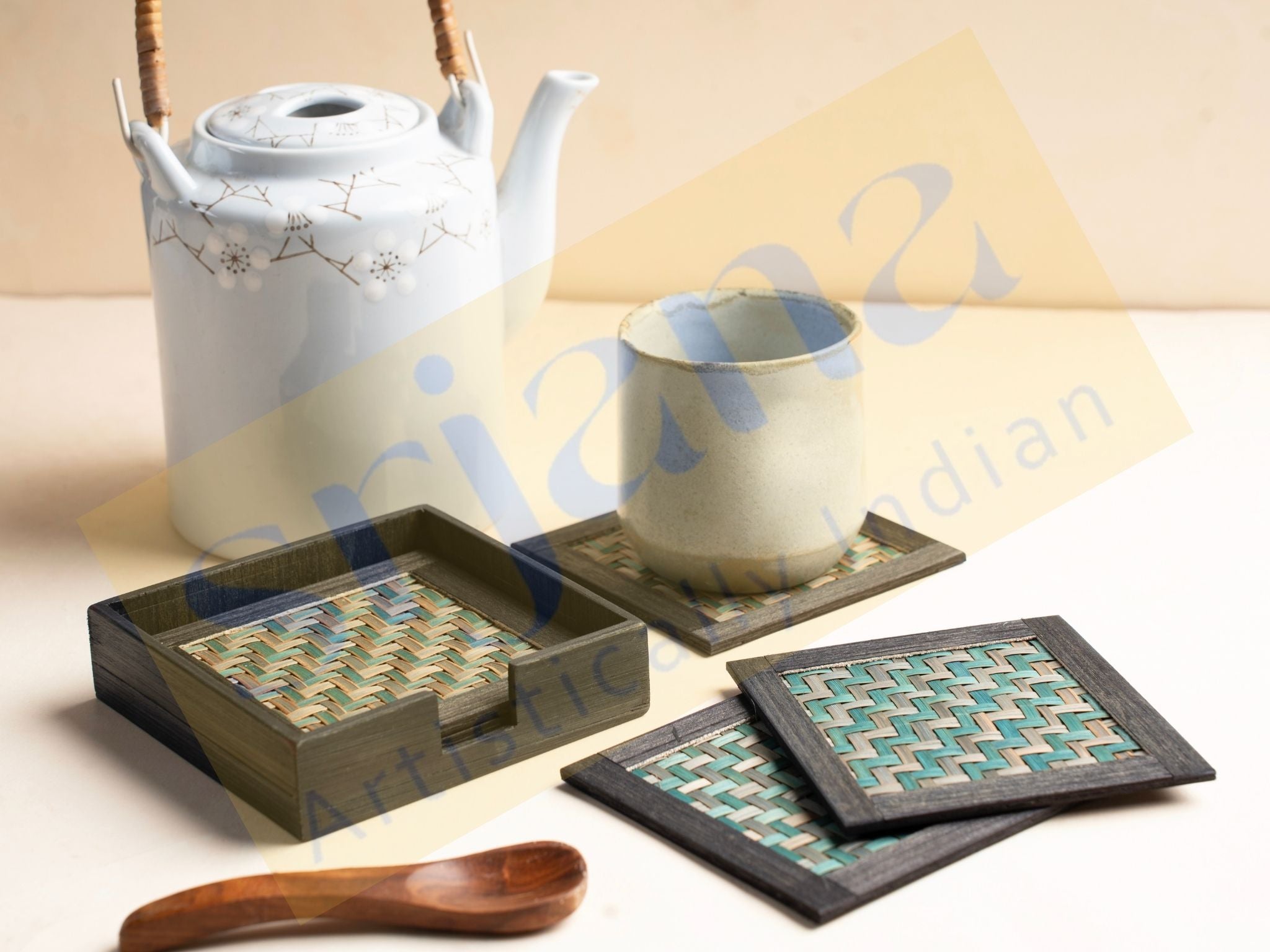 Handwoven Bamboo Coaster Set with Wooden Case