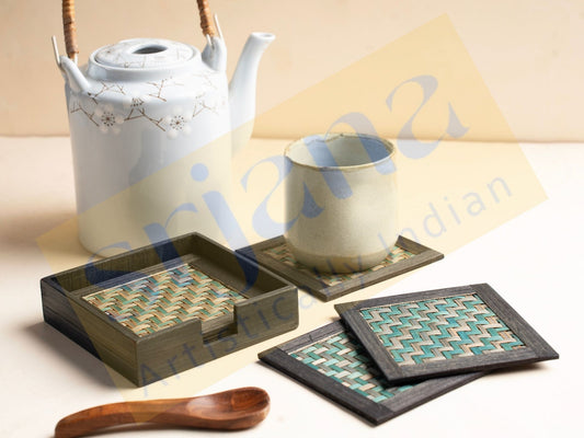 Handwoven Bamboo Coaster Set with Wooden Case